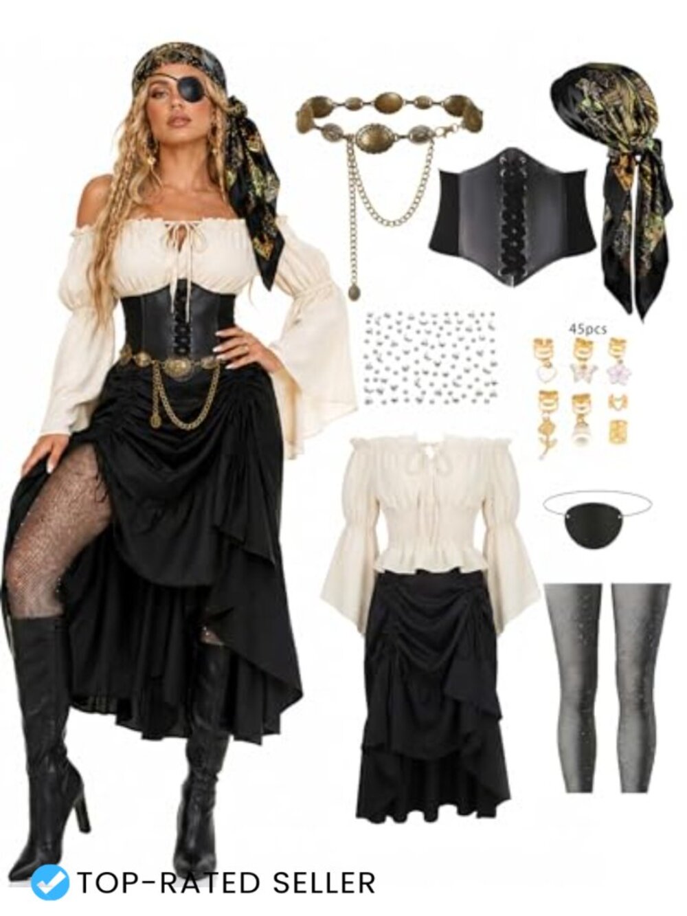 9 Piece Pirate Costume Set Off-Shoulder Blouse Drawstring Skirt Corset